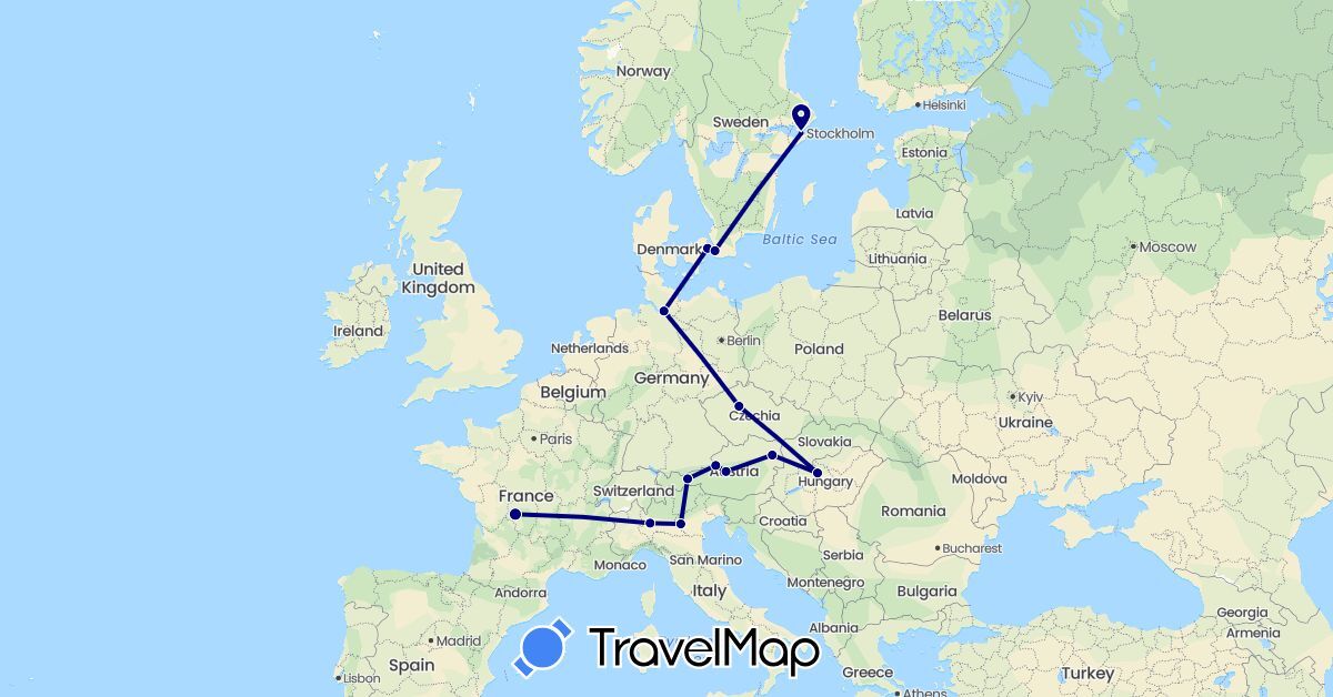 TravelMap itinerary: driving in Austria, Czech Republic, Germany, Denmark, France, Hungary, Italy, Sweden (Europe)